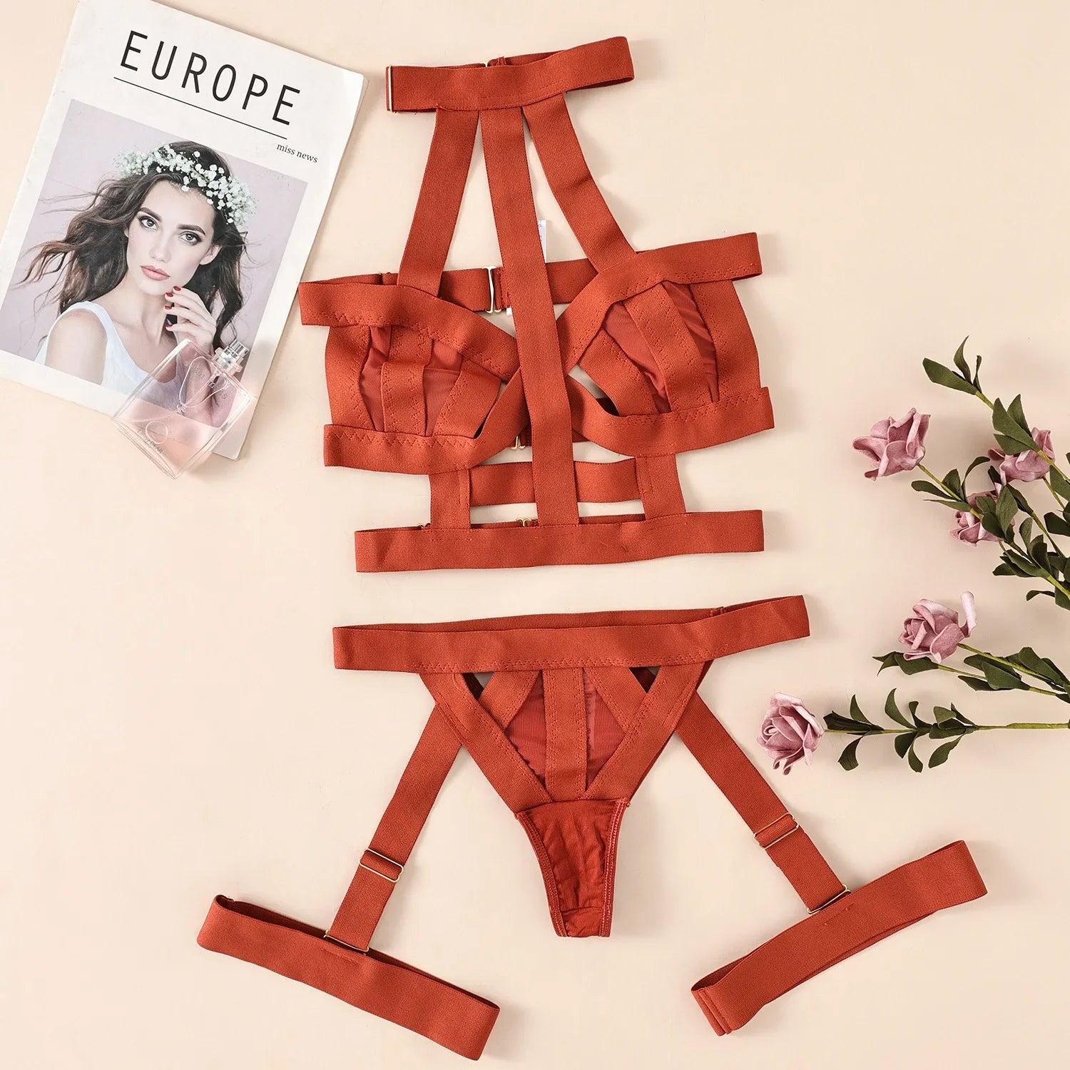 Toucheart Underwear Set Straps Backless Halter Corset Underwear Solid Erotic Sensual Bra Briefs Suits