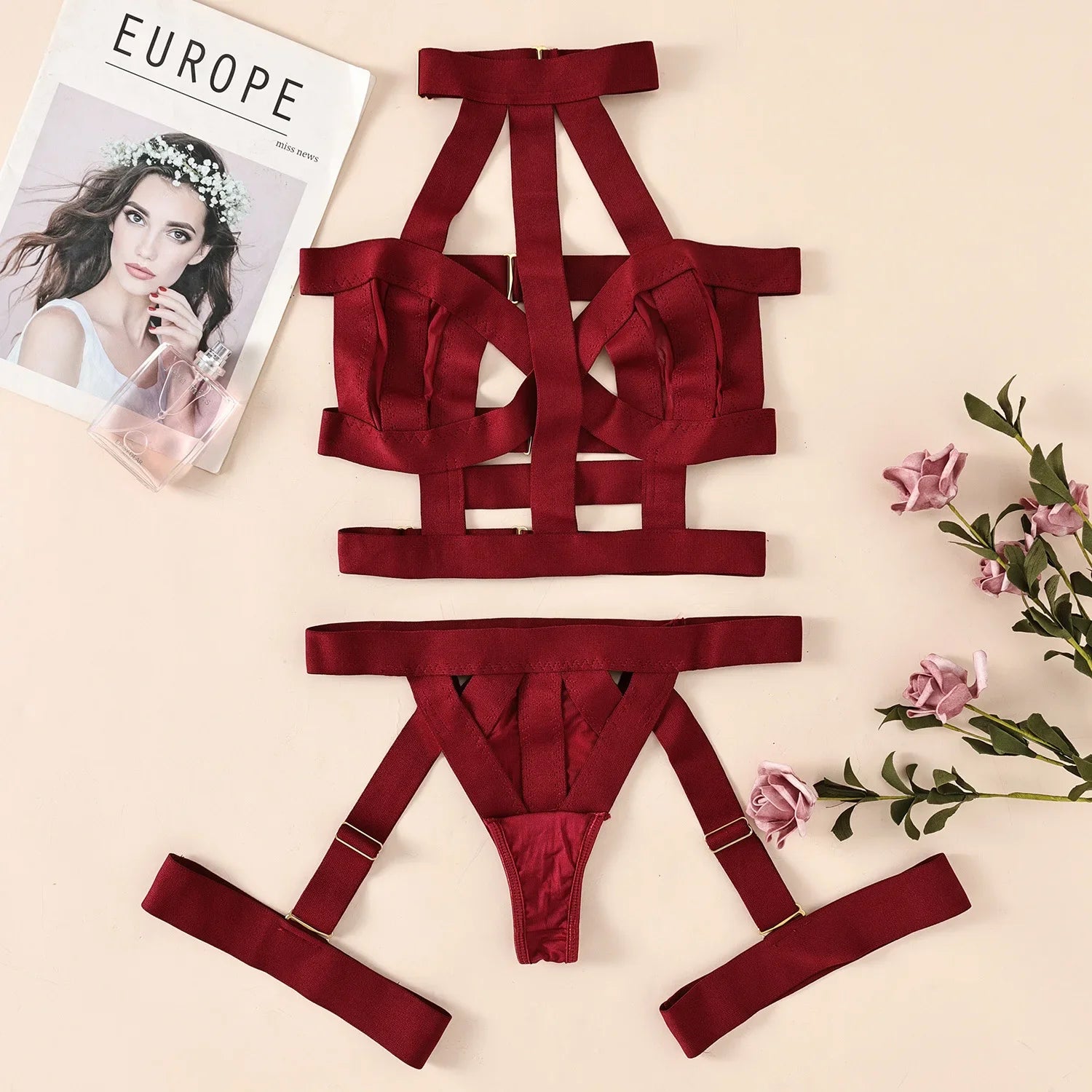 Toucheart Underwear Set Straps Backless Halter Corset Underwear Solid Erotic Sensual Bra Briefs Suits