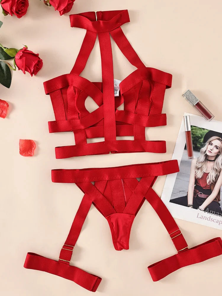 Toucheart Underwear Set Straps Backless Halter Corset Underwear Solid Erotic Sensual Bra Briefs Suits