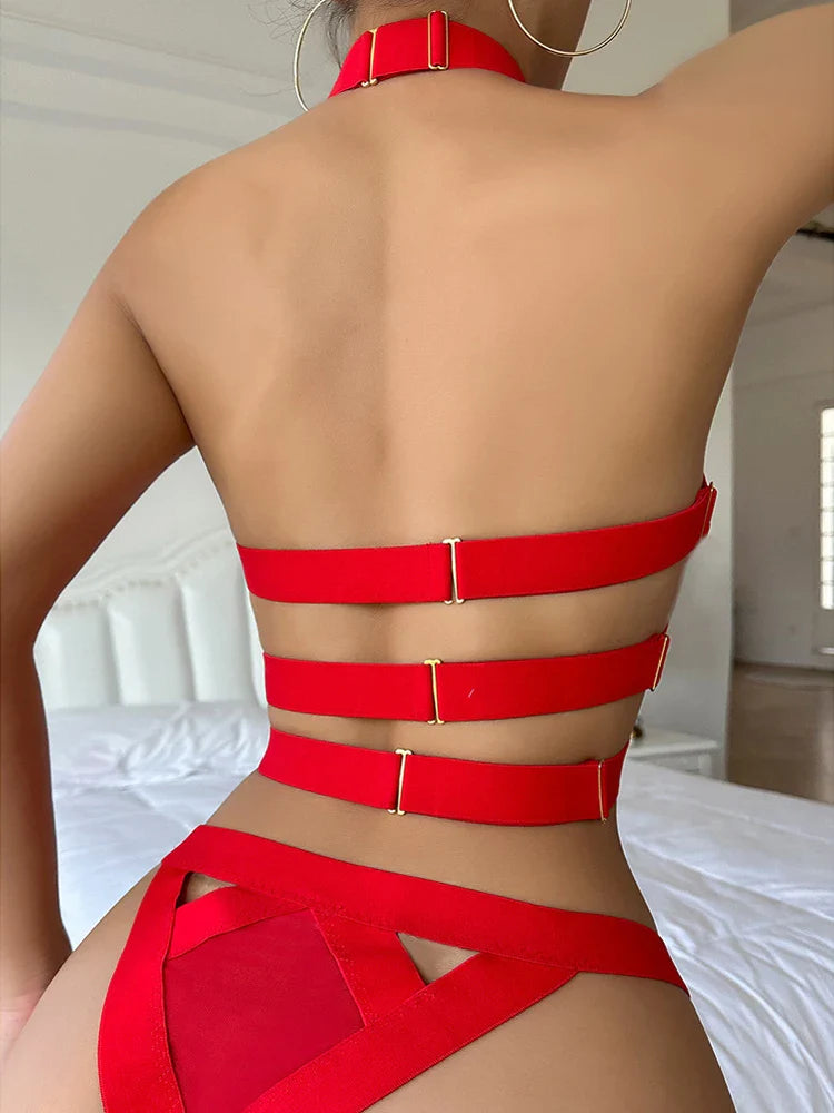 Toucheart Underwear Set Straps Backless Halter Corset Underwear Solid Erotic Sensual Bra Briefs Suits