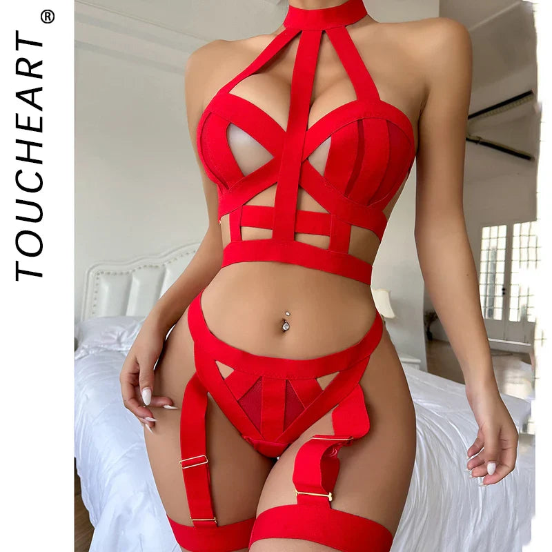 Toucheart Underwear Set Straps Backless Halter Corset Underwear Solid Erotic Sensual Bra Briefs Suits
