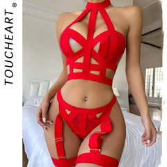 Toucheart Underwear Set Straps Backless Halter Corset Underwear Solid Erotic Sensual Bra Briefs Suits