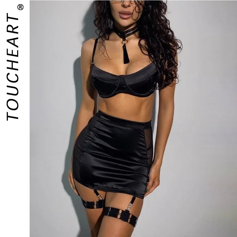 Toucheart Underwear Set Satin Spliced Mesh See-through Hip-covering Tassel Solid Color 5-piece Lingerie Set
