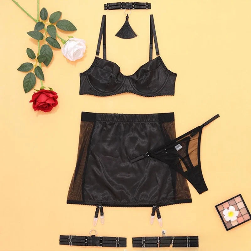 Toucheart Underwear Set Satin Spliced Mesh See-through Hip-covering Tassel Solid Color 5-piece Lingerie Set