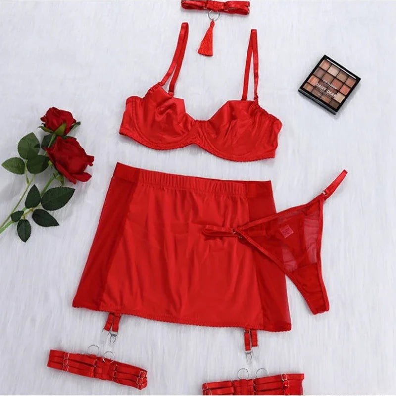 Toucheart Underwear Set Satin Spliced Mesh See-through Hip-covering Tassel Solid Color 5-piece Lingerie Set