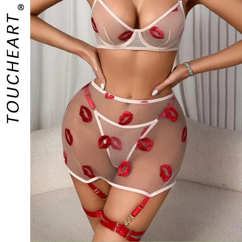 Toucheart Underwear Split Set Thin Transparent Mesh Red Lip Embroidery Versatile Gartersslim Body Pure and Underwear