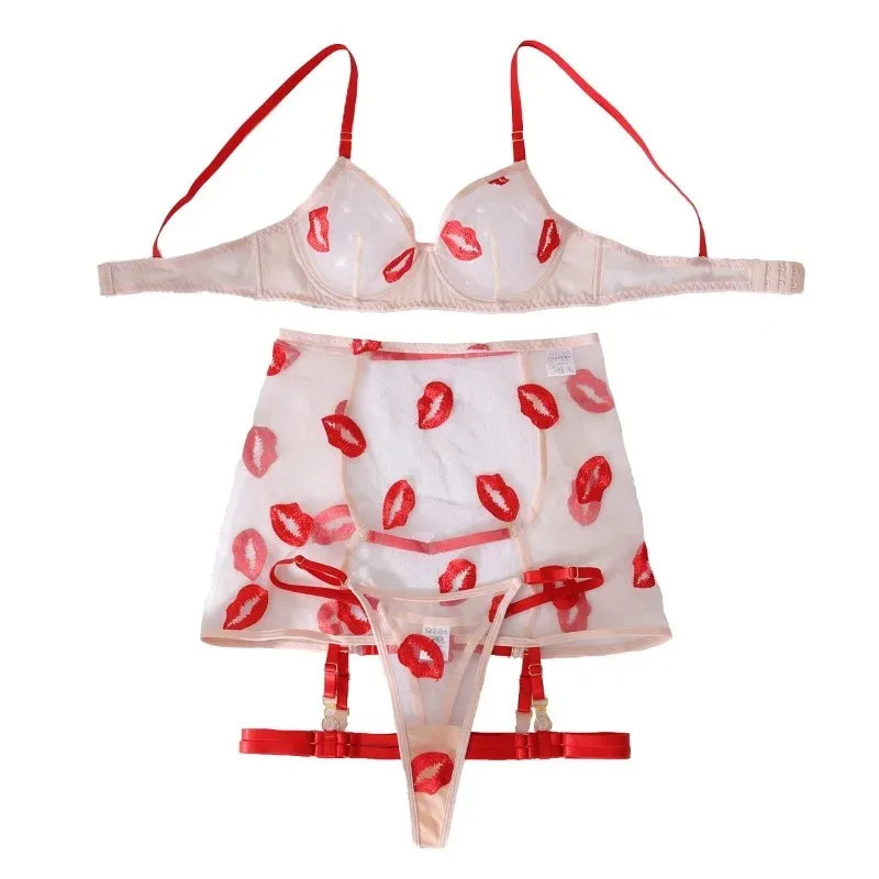 Toucheart Underwear Split Set Thin Transparent Mesh Red Lip Embroidery Versatile Gartersslim Body Pure and Underwear