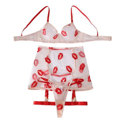Toucheart Underwear Split Set Thin Transparent Mesh Red Lip Embroidery Versatile Gartersslim Body Pure and Underwear