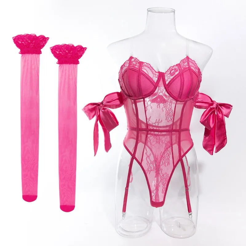 Toucheart Underwear Bow Silk Strap Lingerie Jumpsuit Stockings Set Solid Color Mesh See-through Lingerie