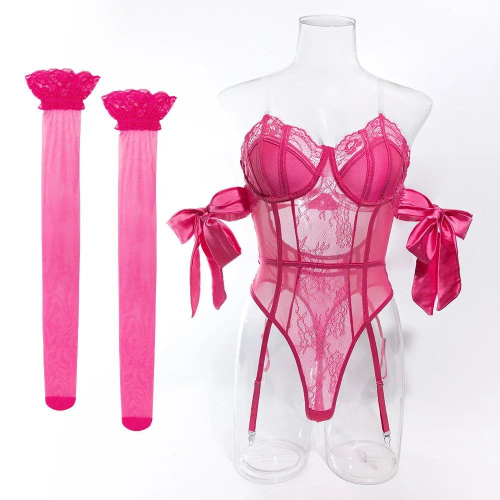 Toucheart Underwear Bow Silk Strap Lingerie Jumpsuit Stockings Set Solid Color Mesh See-through Lingerie