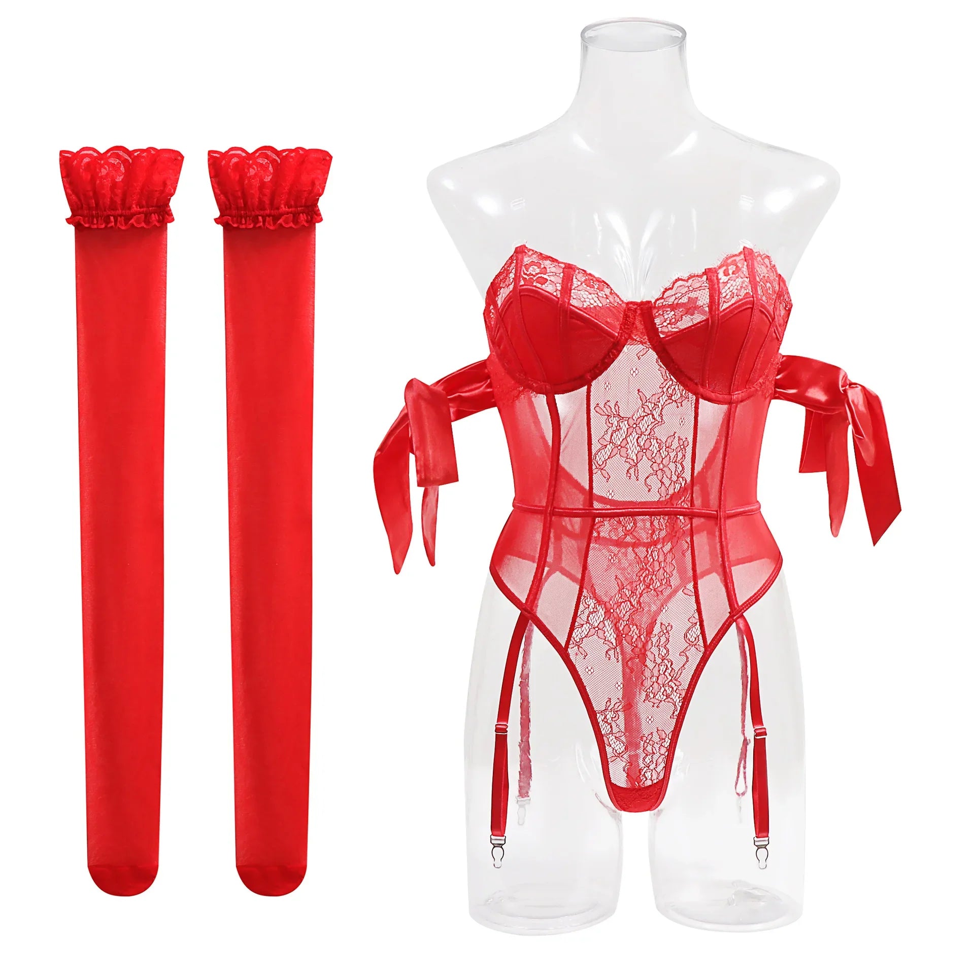 Toucheart Underwear Bow Silk Strap Lingerie Jumpsuit Stockings Set Solid Color Mesh See-through Lingerie