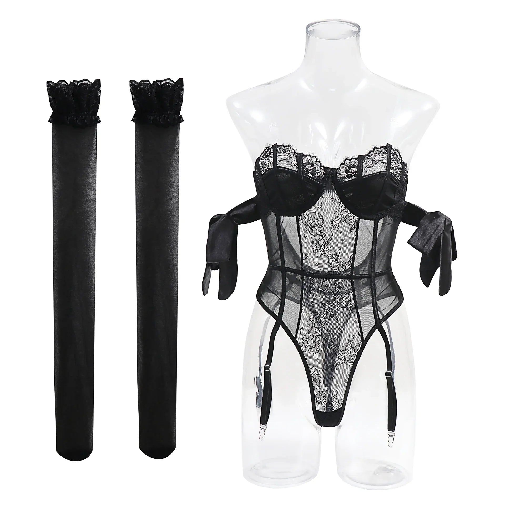 Toucheart Underwear Bow Silk Strap Lingerie Jumpsuit Stockings Set Solid Color Mesh See-through Lingerie