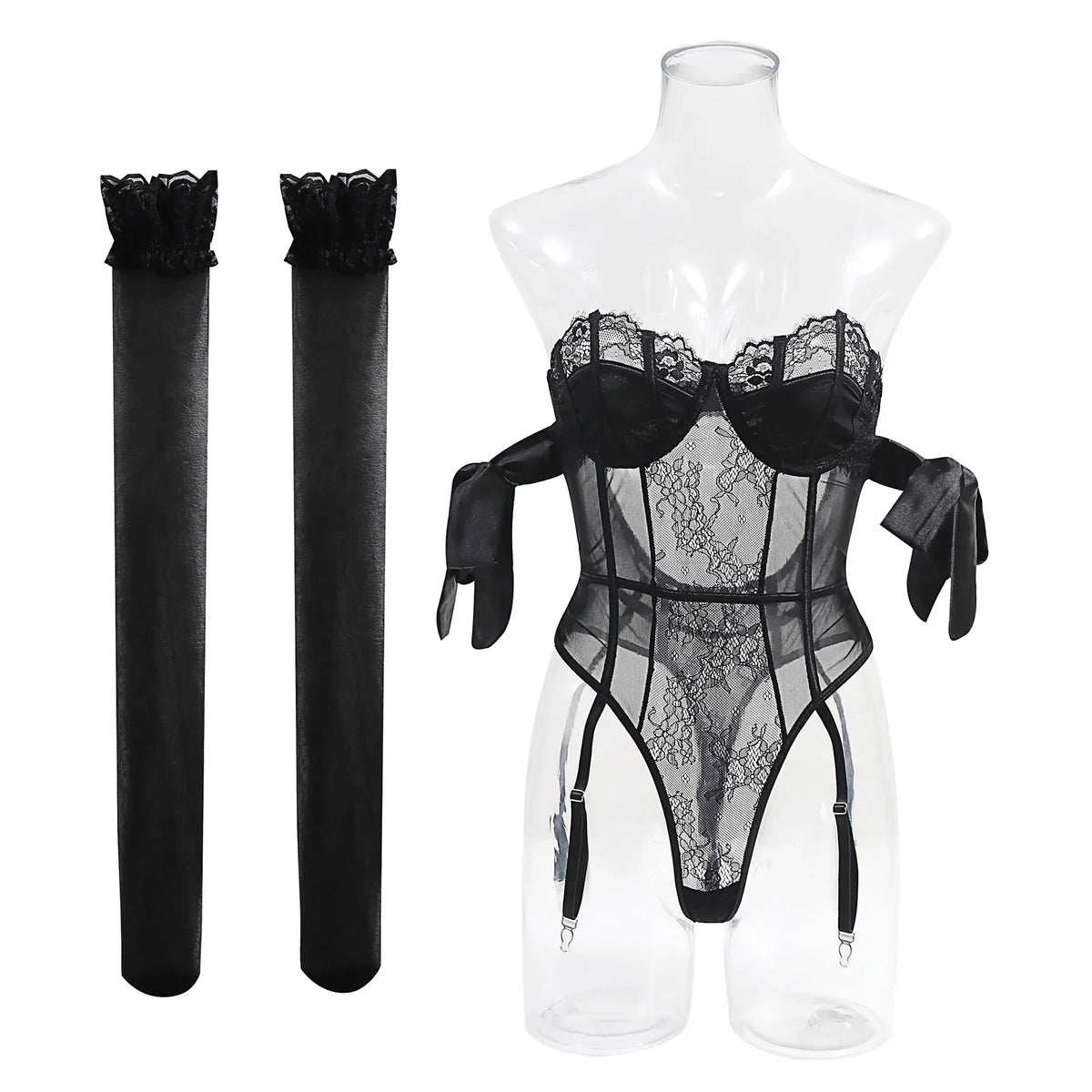 Toucheart Underwear Bow Silk Strap Lingerie Jumpsuit Stockings Set Solid Color Mesh See-through Lingerie