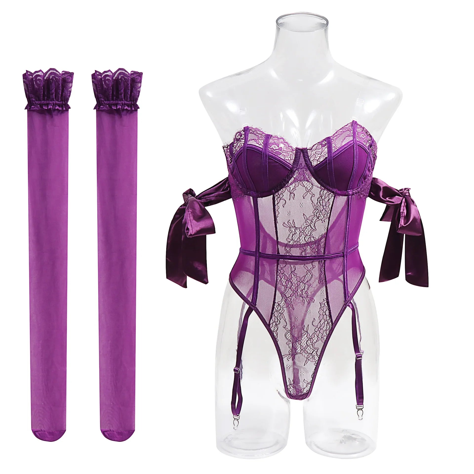 Toucheart Underwear Bow Silk Strap Lingerie Jumpsuit Stockings Set Solid Color Mesh See-through Lingerie