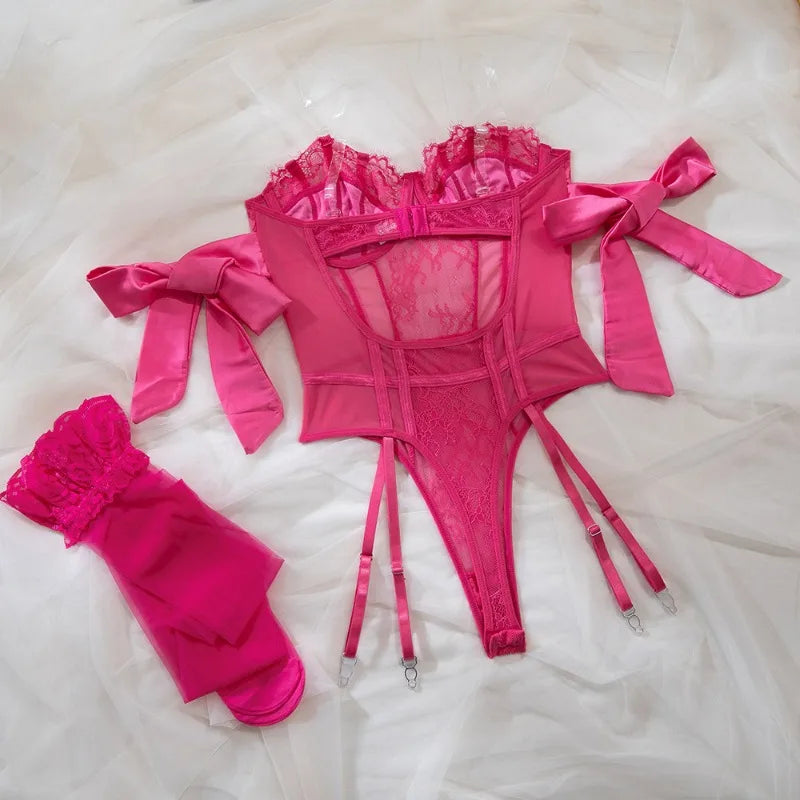 Toucheart Underwear Bow Silk Strap Lingerie Jumpsuit Stockings Set Solid Color Mesh See-through Lingerie