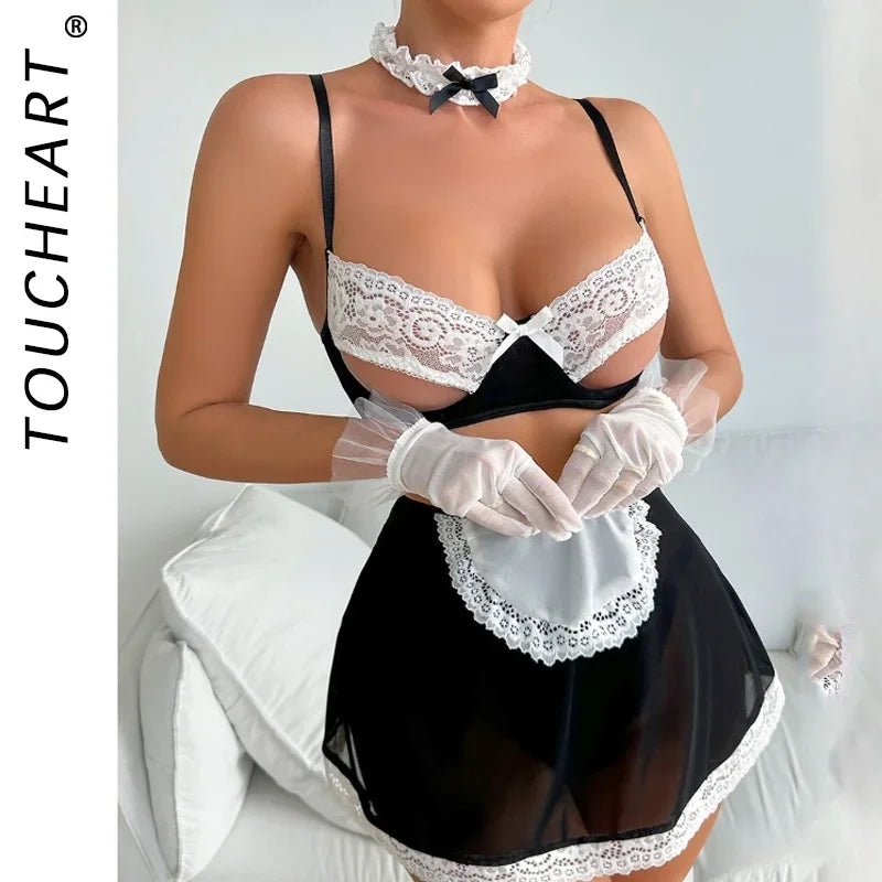 Toucheart Uniform Suit Maid Cosplay Sexiest Lace Crotchless Skirt Doll Desire Maids Perspective Sex Uniform