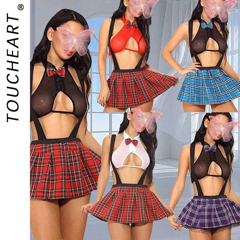 Toucheart Uniform Temptation Jumpsuit Cosplay Mesh Plaid Perspective JK Sex Suit Mesh Uniform Set