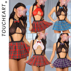 Toucheart Uniform Temptation Jumpsuit Cosplay Mesh Plaid Perspective JK Sex Suit Mesh Uniform Set