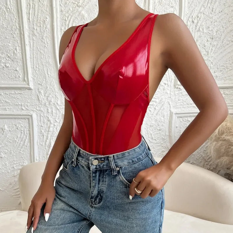 Toucheart V-neck Jumpsuit With PU Reflective Patent Leather Splicing Mesh See-through Solid Color Suspender Bodysuit