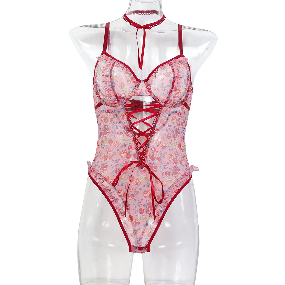 Toucheart Lace Backless  Babydoll Bodysuit Wrap Dress High Waisted Printing Bow Knot  Babydoll Bodysuit