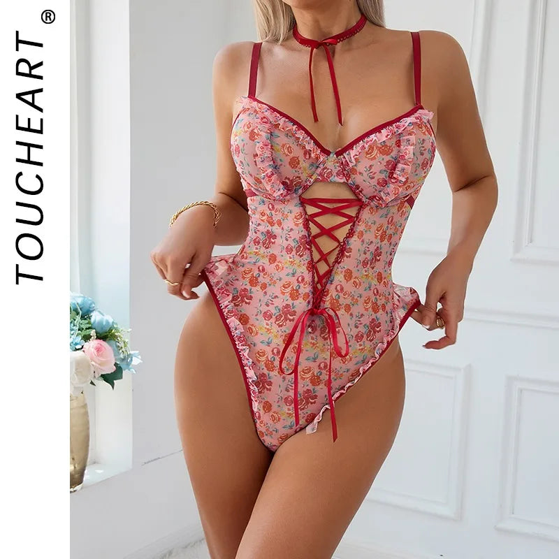 Toucheart Lace Backless  Babydoll Bodysuit Wrap Dress High Waisted Printing Bow Knot  Babydoll Bodysuit