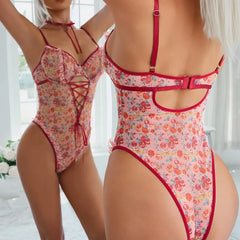 Toucheart Lace Backless  Babydoll Bodysuit Wrap Dress High Waisted Printing Bow Knot  Babydoll Bodysuit