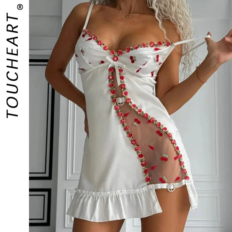 Toucheart See-through Lace Underwear Slim Backless Embroidery Floral Sleeping Skirt Set