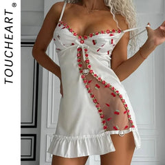 Toucheart See-through Lace Underwear Slim Backless Embroidery Floral Sleeping Skirt Set