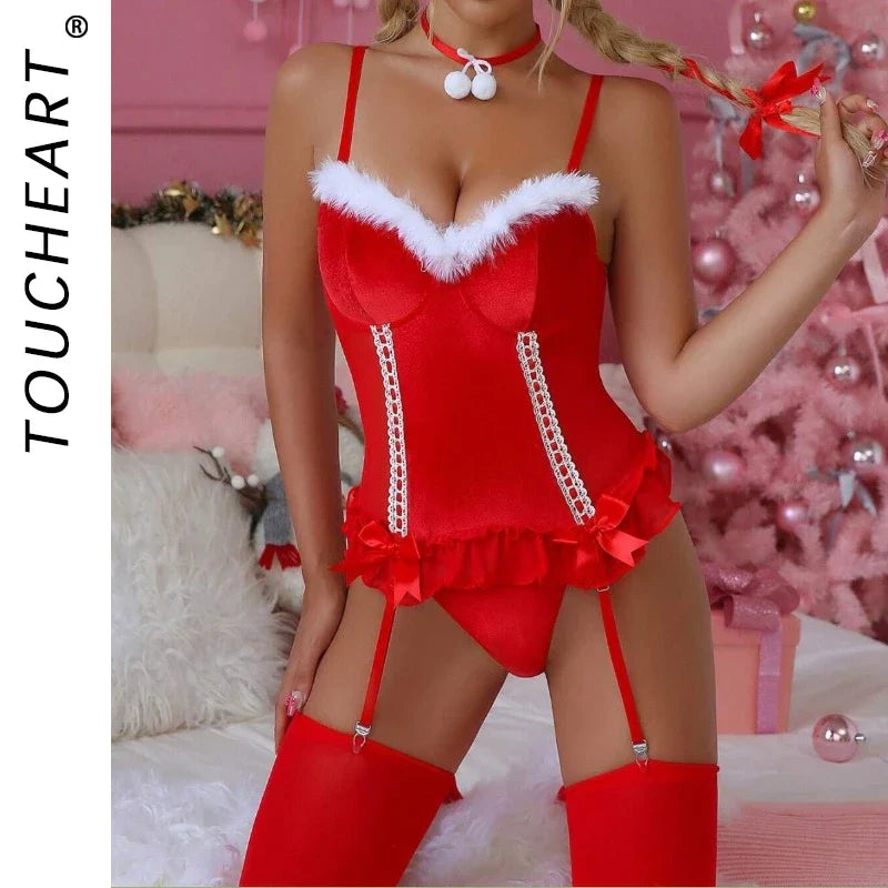 Toucheart Wrap Dress Underwear Garters High Waisted Bow Knot Lace Up Plunge Set