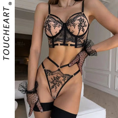 Toucheart Underwear Mesh See-through Bra Temptation Embroidered Girdle Garter Belt Bow Knot Lingerie Suit