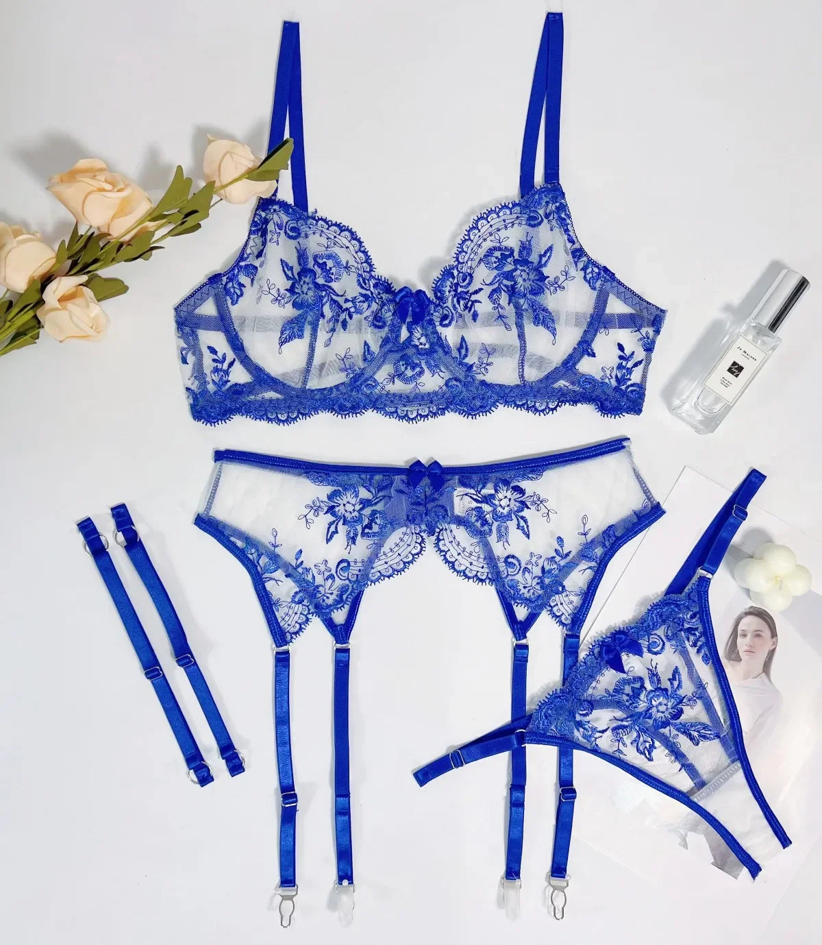 Toucheart Underwear Mesh See-through Bra Temptation Embroidered Girdle Garter Belt Bow Knot Lingerie Suit