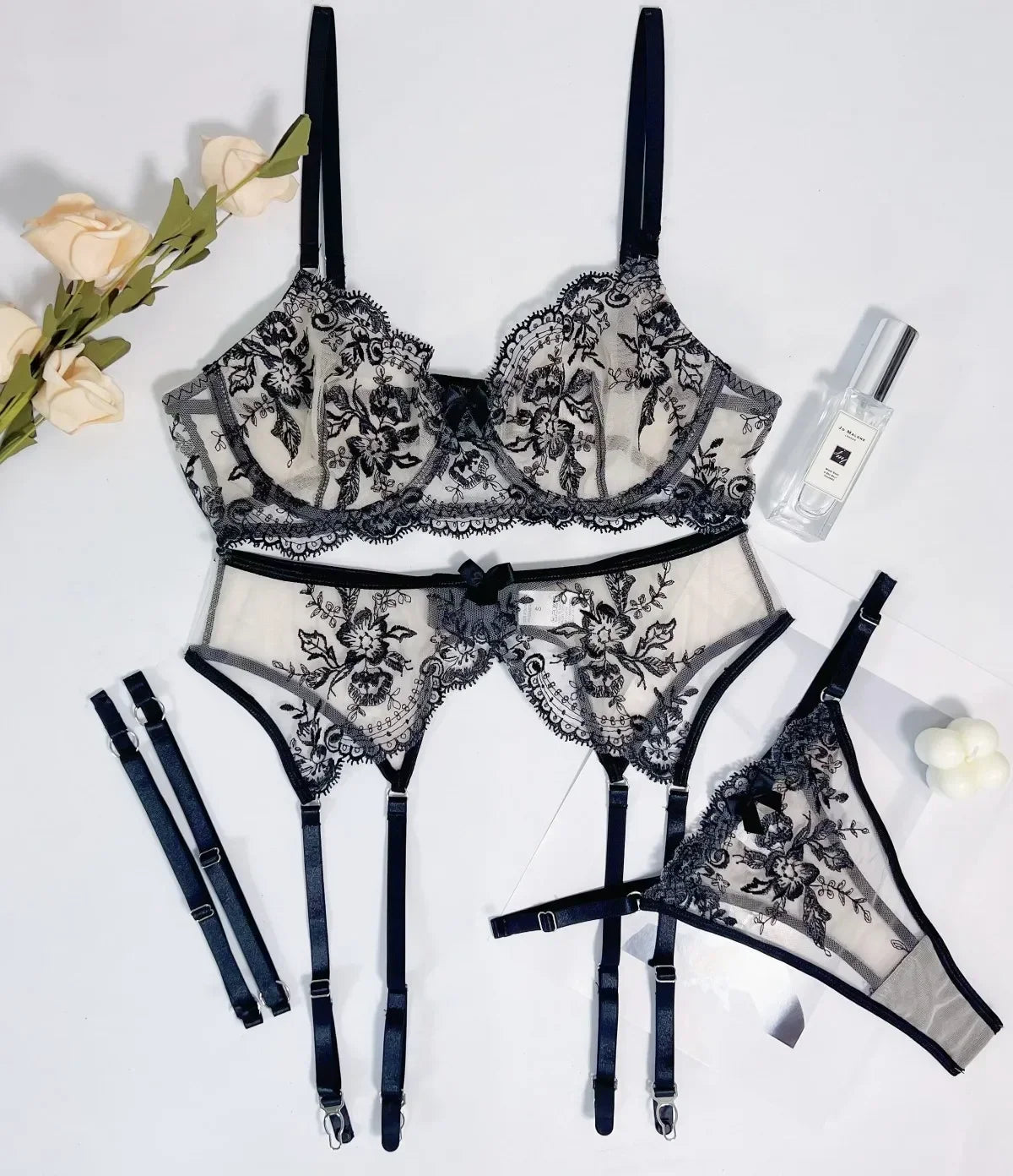 Toucheart Underwear Mesh See-through Bra Temptation Embroidered Girdle Garter Belt Bow Knot Lingerie Suit