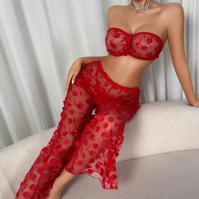 Toucheart Solid Color See-through Lace Slim Underwear Panty Flower Backless High Waisted Mesh Set