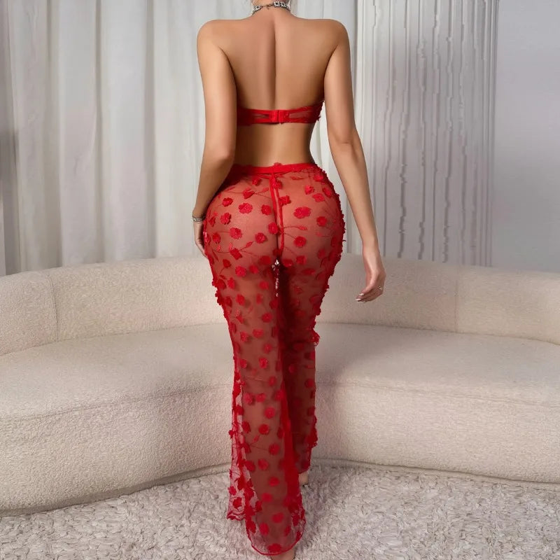 Toucheart Solid Color See-through Lace Slim Underwear Panty Flower Backless High Waisted Mesh Set