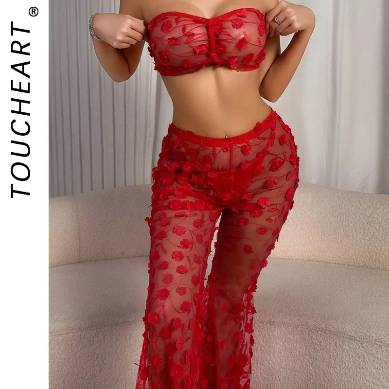 Toucheart Solid Color See-through Lace Slim Underwear Panty Flower Backless High Waisted Mesh Set