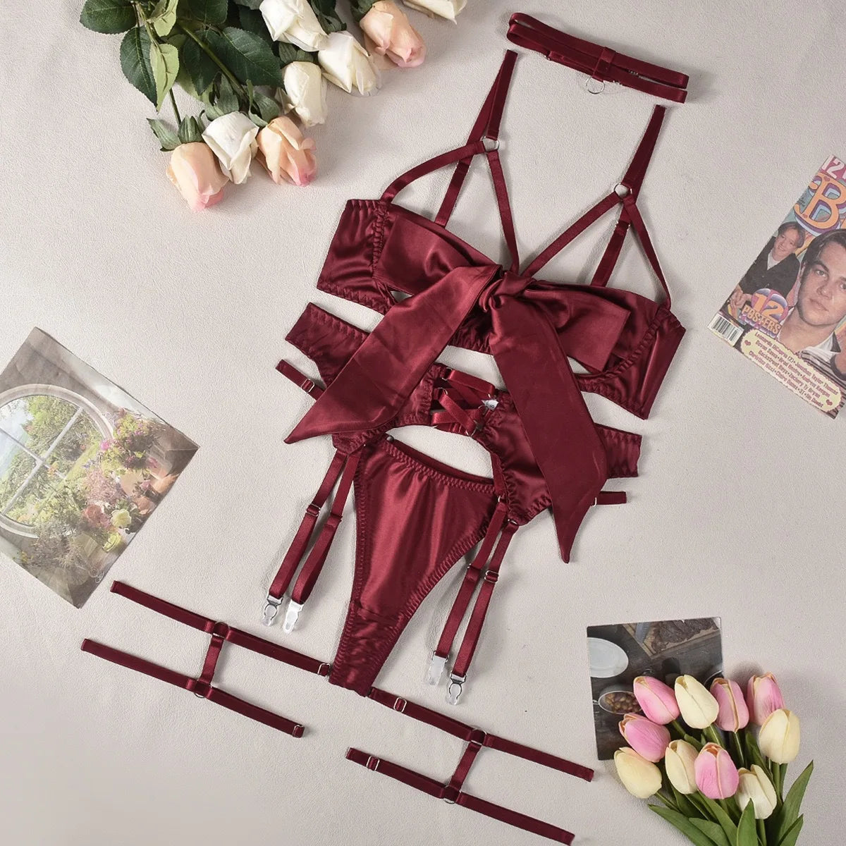 Toucheart Solid Color Underwear Panty Garters Bow Knot Lace Up Set Breasts Exposed Underwearset