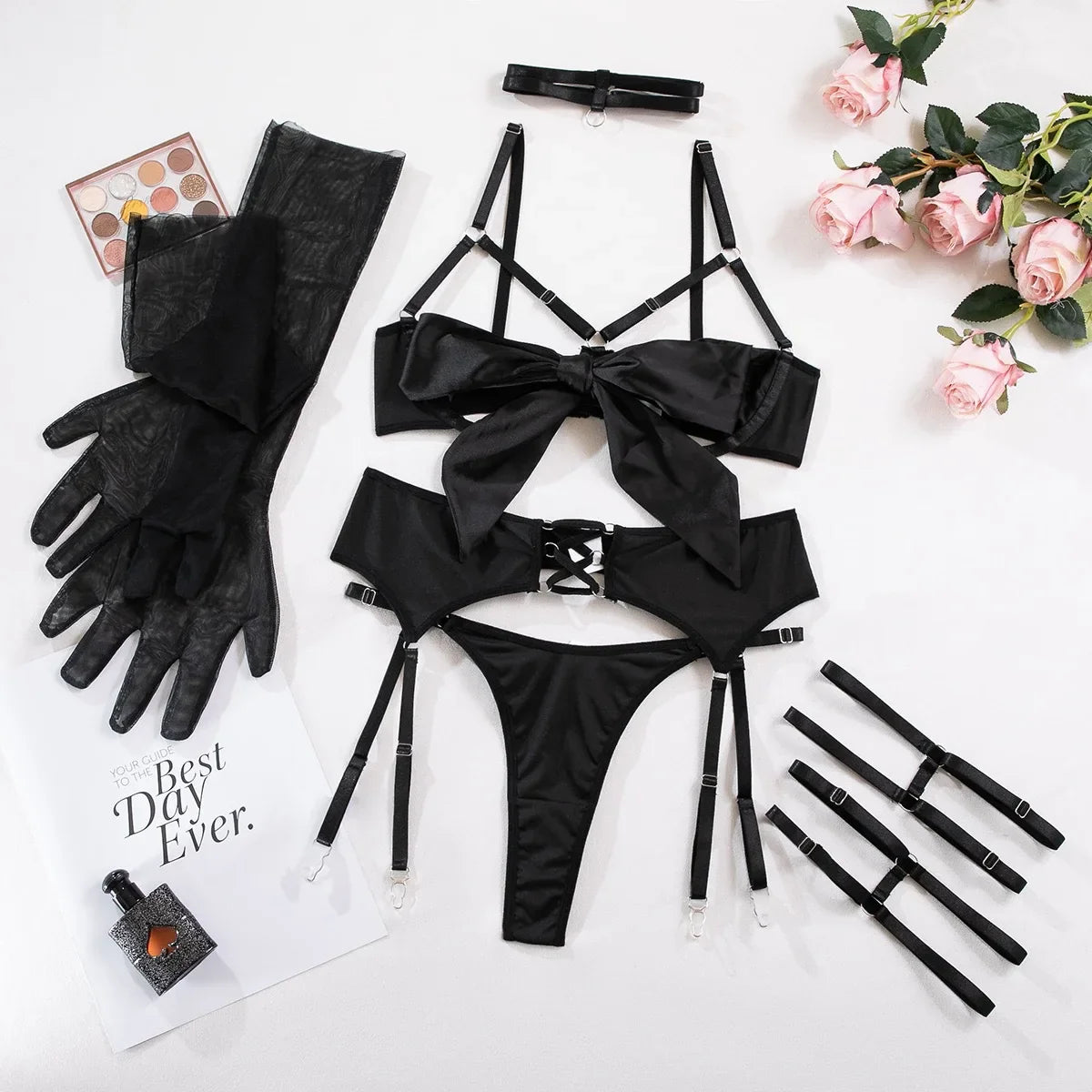 Toucheart Solid Color Underwear Panty Garters Bow Knot Lace Up Set Breasts Exposed Underwearset