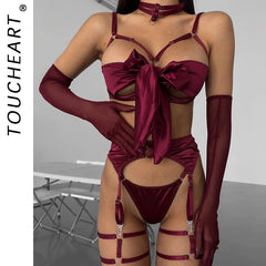 Toucheart Solid Color Underwear Panty Garters Bow Knot Lace Up Set Breasts Exposed Underwearset