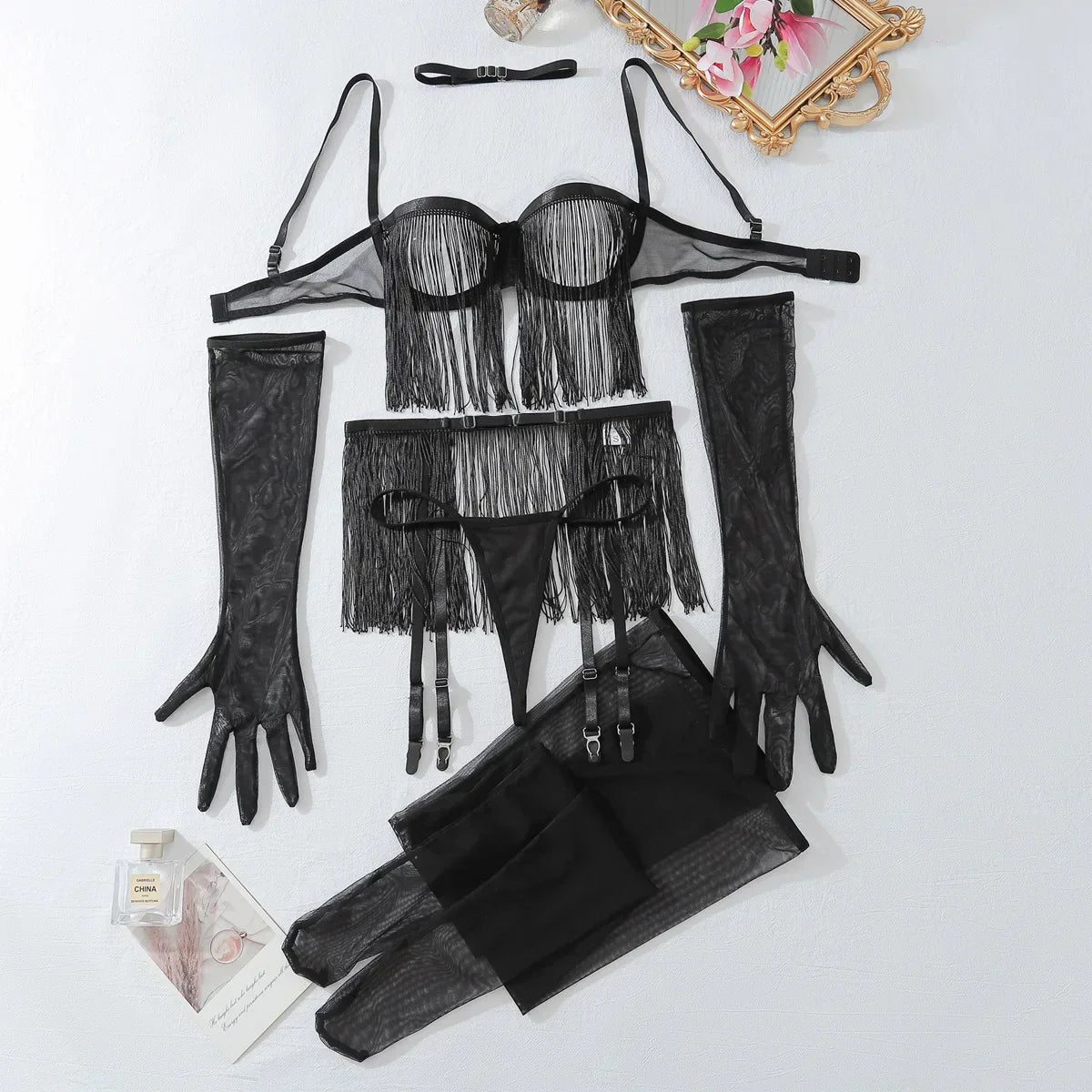 Toucheart Tassel Porn Erotic Lingerie 8-Piece Transparent Ultra Adult with Garter Outfit Call The Night Sex Suit