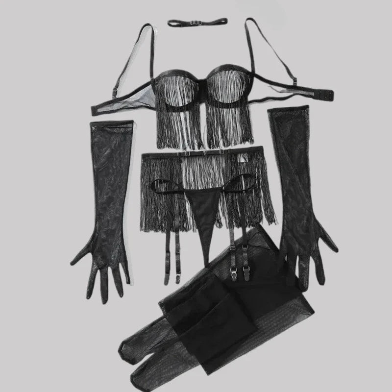 Toucheart Tassel Porn Erotic Lingerie 8-Piece Transparent Ultra Adult with Garter Outfit Call The Night Sex Suit