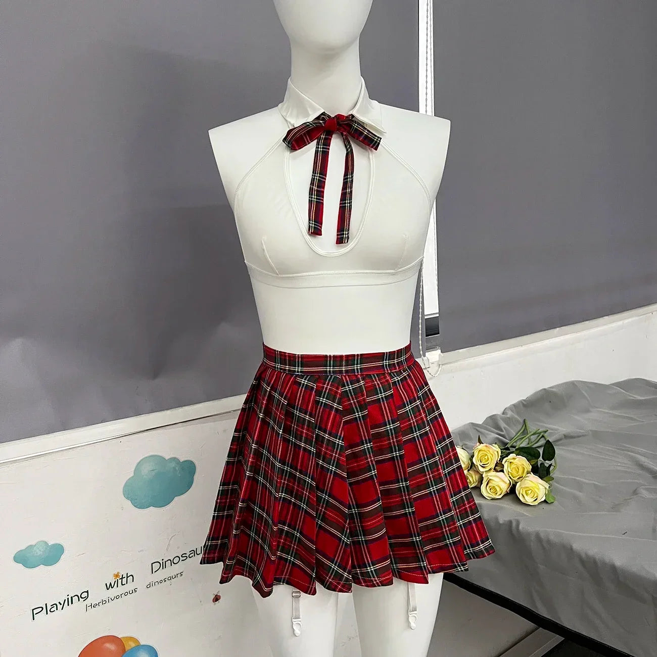 Toucheart Teacher Cosplay Lingerie Sheer Mesh Underwear Halter Bra Plaid Skirt Sissy Erotic Crotchless Briefs Outfits Jk Uniform