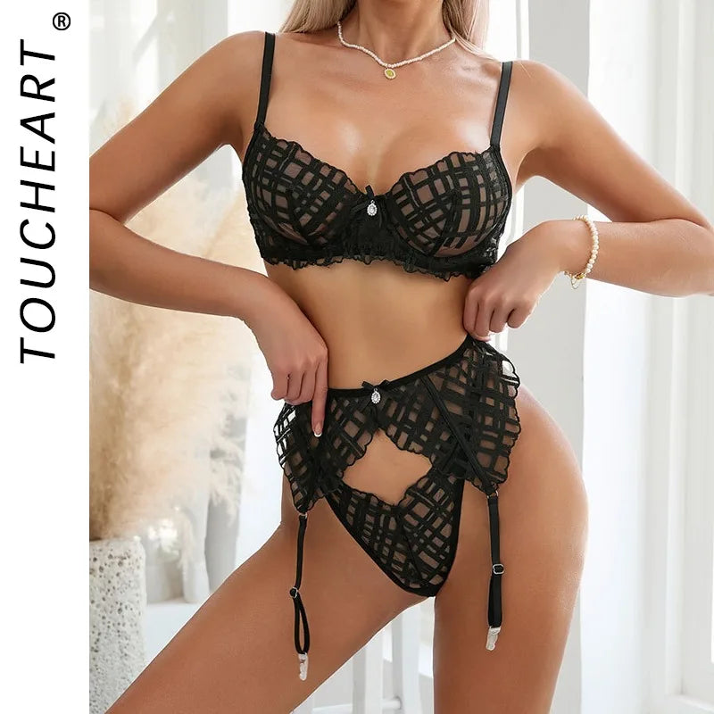 Toucheart Thin Model Ribbed Underwear Garters Lace See-through Slim Backless Black Bow Knot Underwear Set
