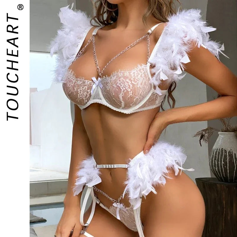 Toucheart Three-Point Fun Suit Lace Feather Exotic Sets Lingerie Garter Kit Chain Panty Perspective Underwear Set