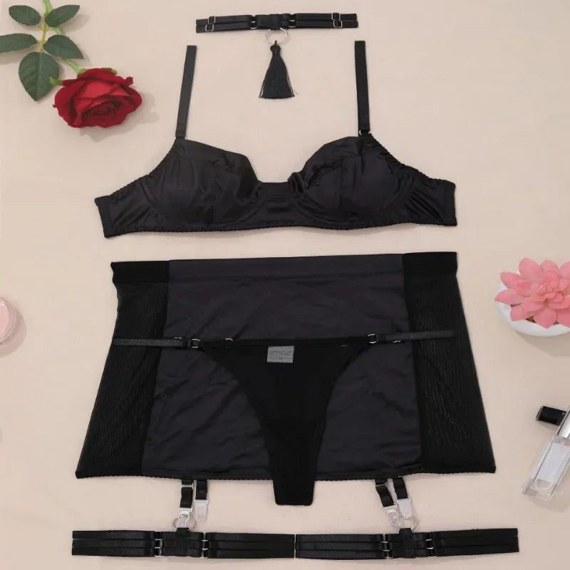 Toucheart Tight Mesh Underwear Set See-through Underwear Butt-covering Solid Color Underwear Body Shaping Split Set