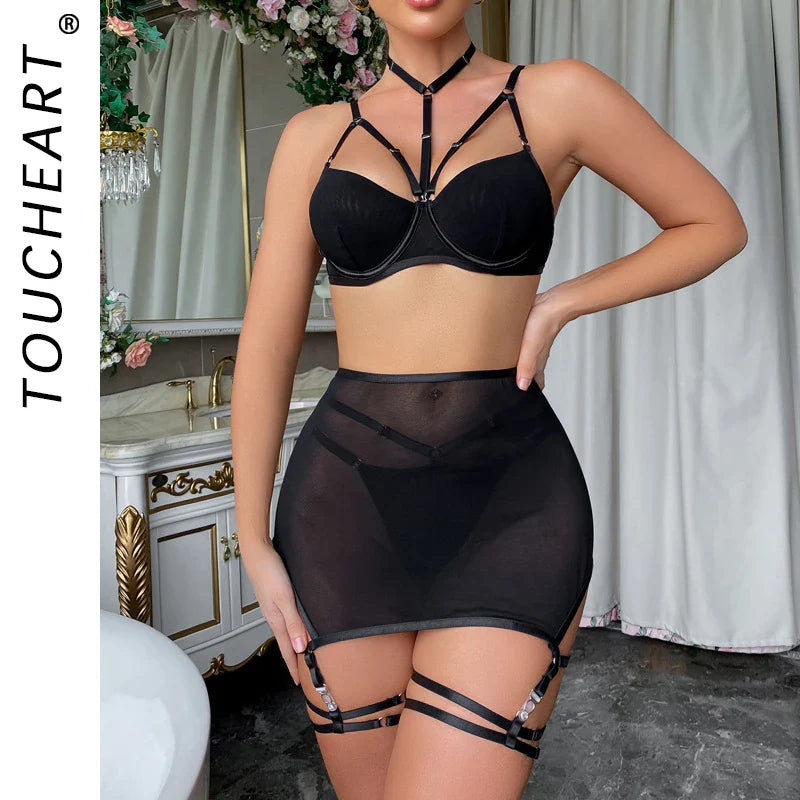 Toucheart Trendy Lingerie 4 Pieces Set Exotic Bra Eroctic Garter Underwear Set Mesh See-through Luxury Underwear
