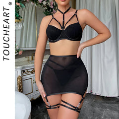 Toucheart Trendy Lingerie 4 Pieces Set Exotic Bra Eroctic Garter Underwear Set Mesh See-through Luxury Underwear