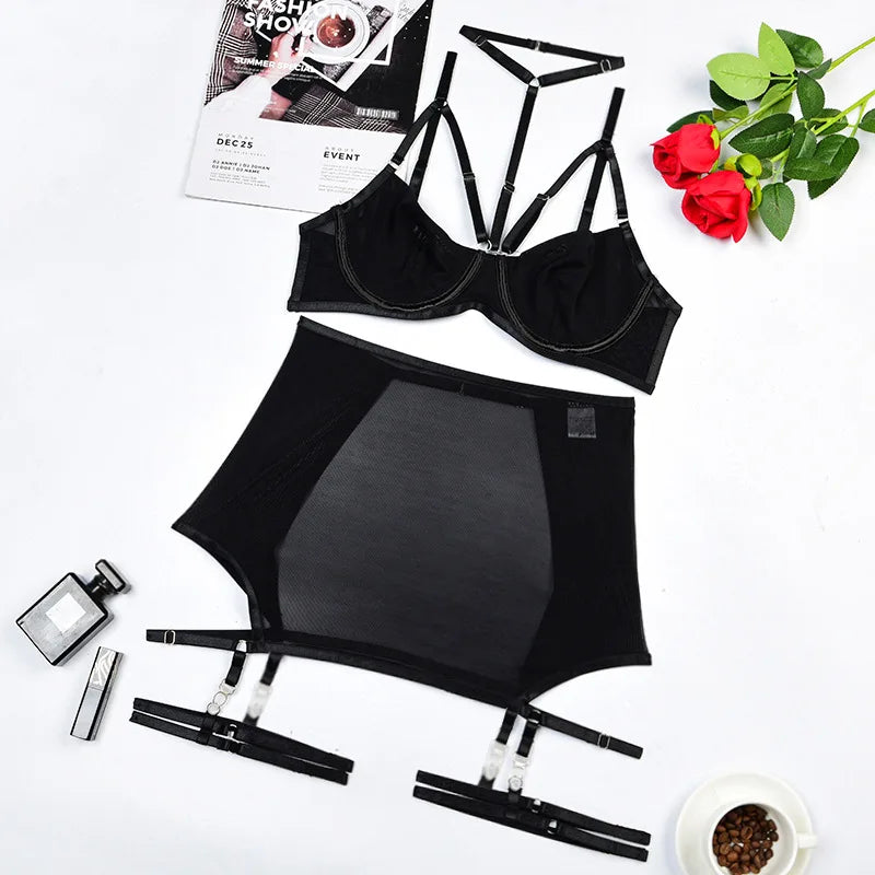 Toucheart Trendy Lingerie 4 Pieces Set Exotic Bra Eroctic Garter Underwear Set Mesh See-through Luxury Underwear