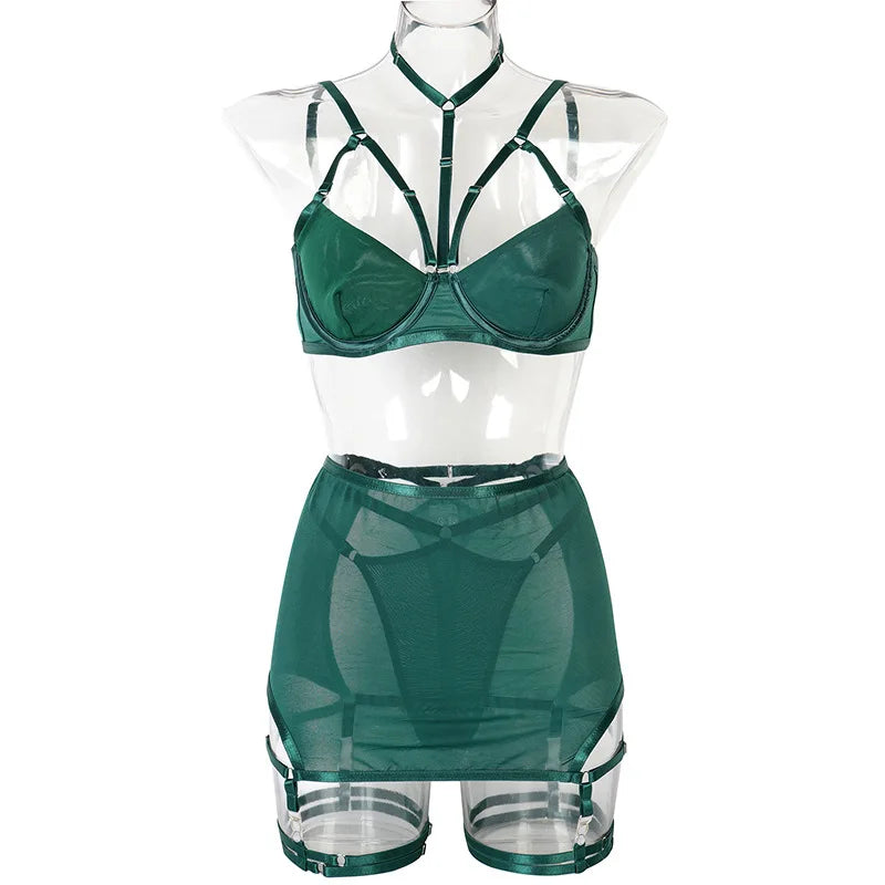 Toucheart Trendy Lingerie 4 Pieces Set Exotic Bra Eroctic Garter Underwear Set Mesh See-through Luxury Underwear