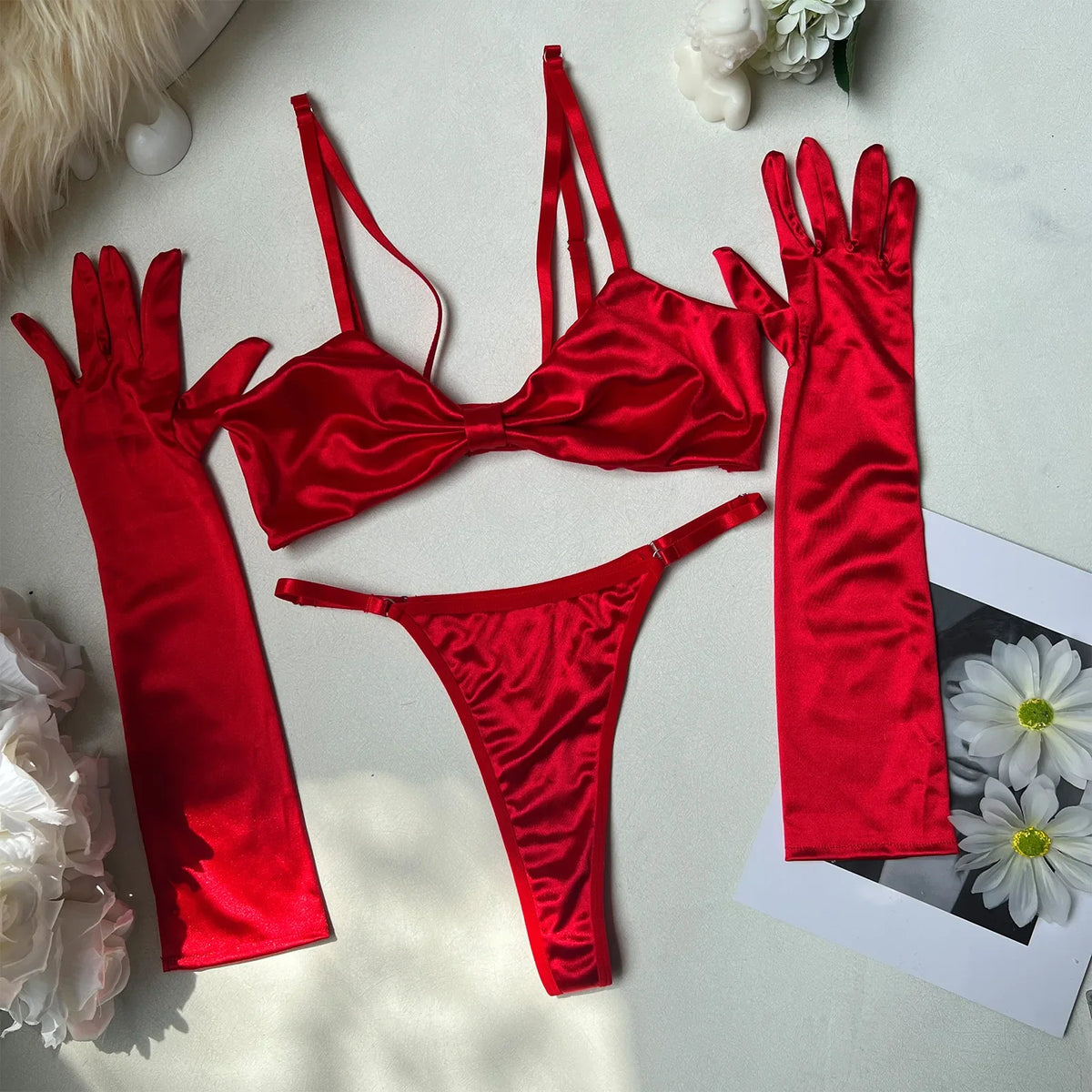 Toucheart Valentine's Day Lingerie Panty with Gloves 3PCS Erotic Slim Backless Intimate Underwear Set