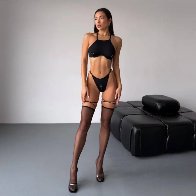 Toucheart Bikini Metal Decor Solid Color Triangle Body Shaping High Waisted Leisure Delicate Intimate Split Swimsuit Kit